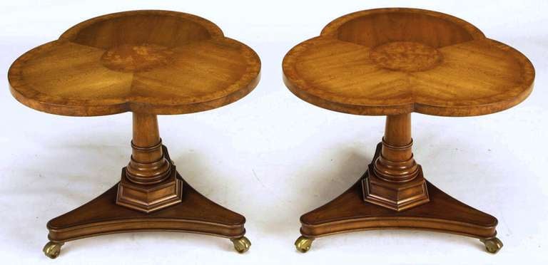American Pair Trefoil Parquetry Walnut & Burl Pedestal Side Tables By Weiman