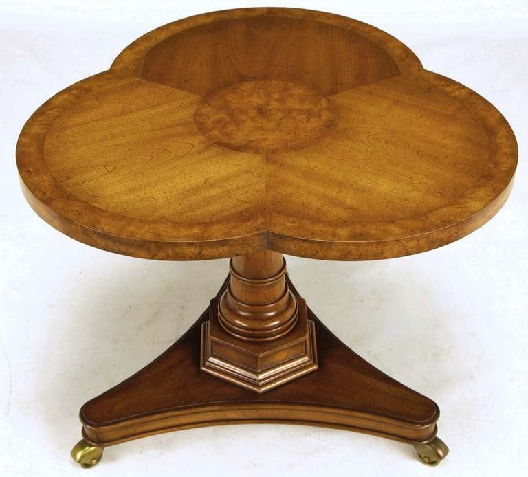 Mid-20th Century Pair Trefoil Parquetry Walnut & Burl Pedestal Side Tables By Weiman