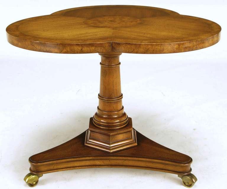 Pair Trefoil Parquetry Walnut & Burl Pedestal Side Tables By Weiman 1