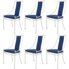 Six White Lacquered Iron & Blue Linen Dining Chairs