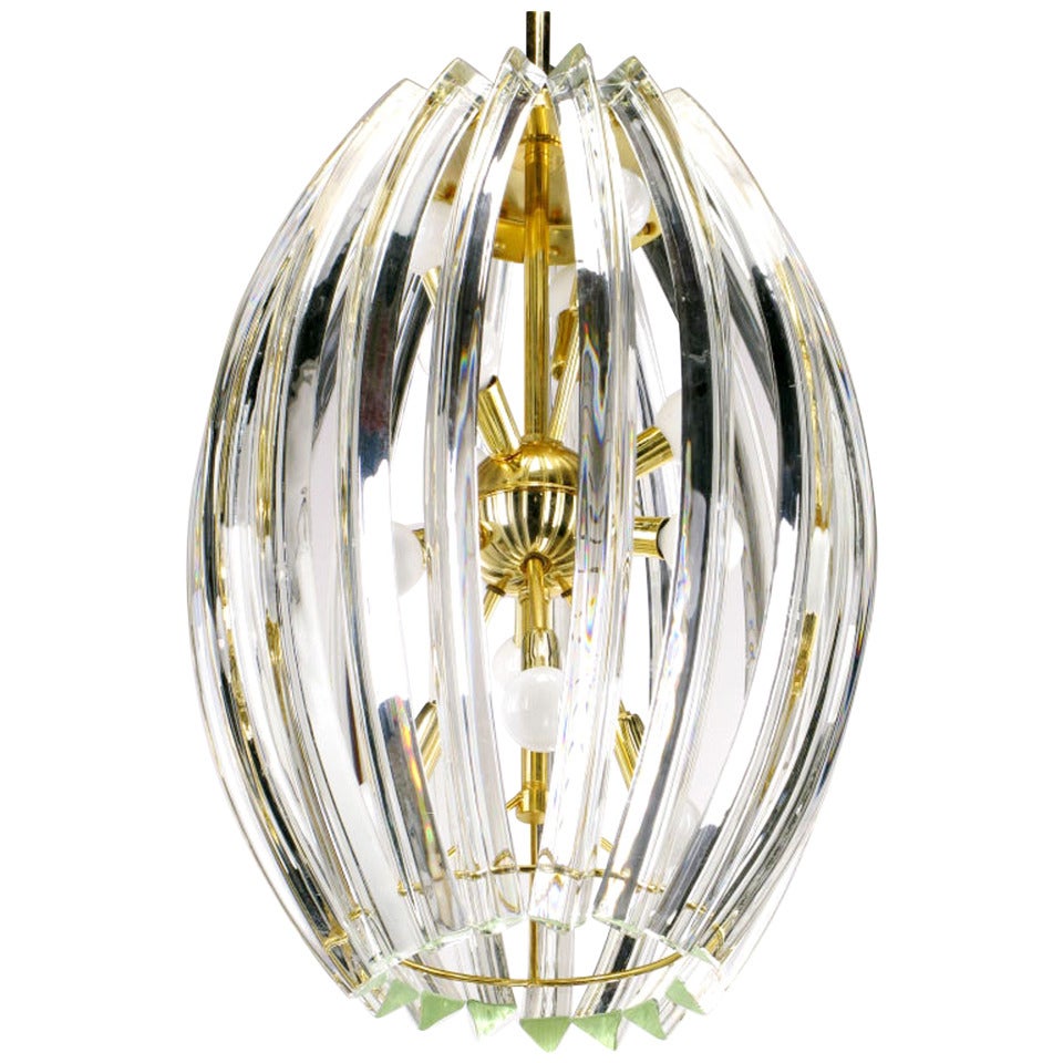 Bent Glass Rib and Brass Chandelier in the Manner of Venini For Sale