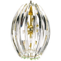 Bent Glass Rib and Brass Chandelier in the Manner of Venini