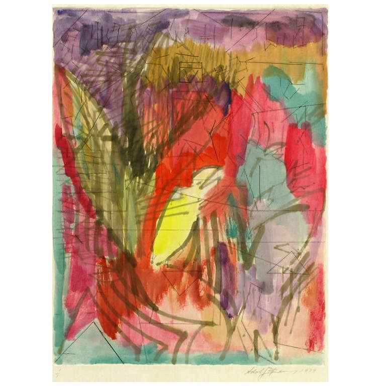 Jewel Tone Abstract Water Color and Ink Painting For Sale at 1stdibs