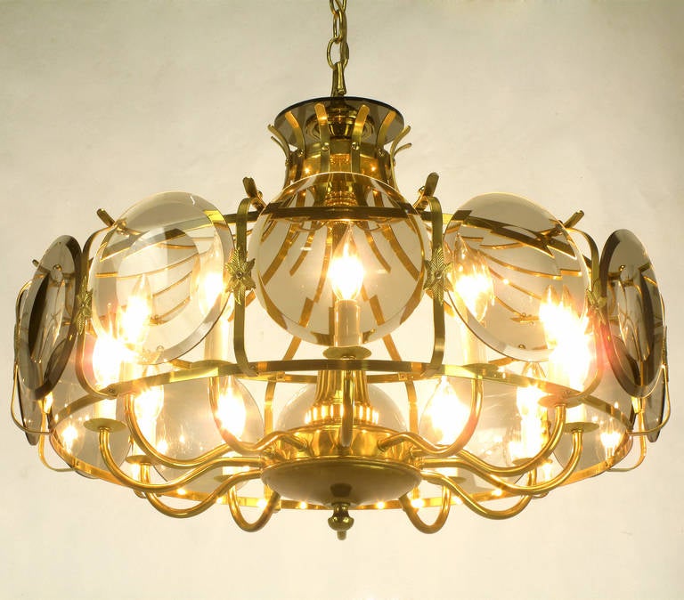 American Twelve-Arm Brass Chandelier with Smoked Glass Disc Lenses