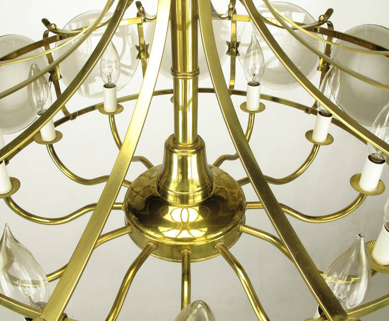 Mid-20th Century Twelve-Arm Brass Chandelier with Smoked Glass Disc Lenses
