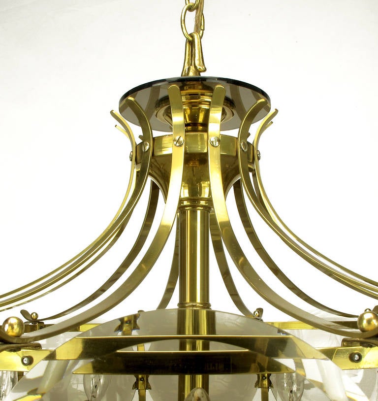 Twelve-Arm Brass Chandelier with Smoked Glass Disc Lenses 1