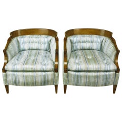 Pair of Oxford Kent Burled Walnut and Aqua Striped Silk Lounge Chairs