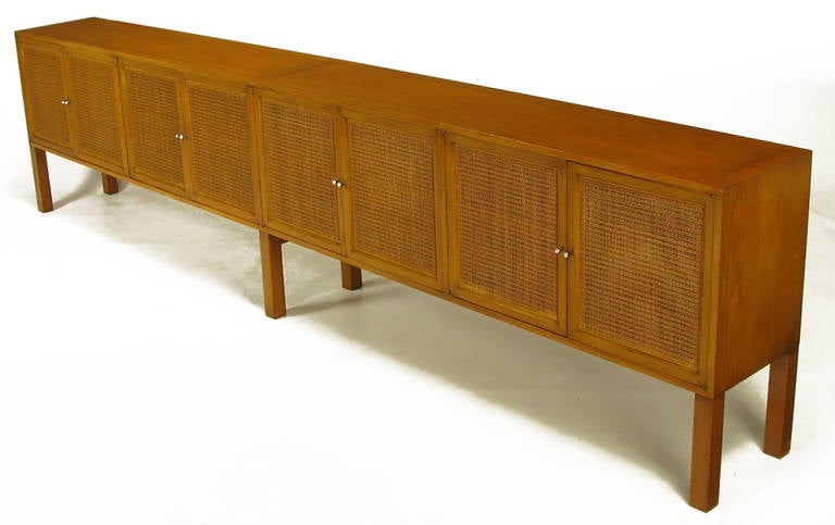 Custom Eleven-Foot Bleached Walnut and Cane-Front Cabinet