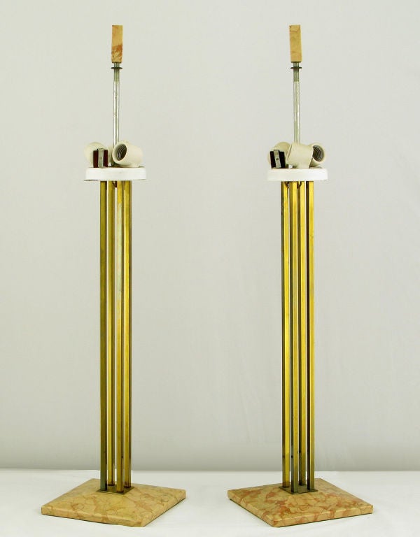 Pair Stiffel Rouge Marble & Square Brass Columns Table Lamps