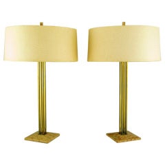 Pair Stiffel Rouge Marble & Square Brass Columns Table Lamps