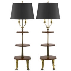 Vintage Pair 1940s Empire Style Tiered Walnut & Brass Floor Lamps