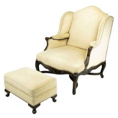 1940s Regence Wing Back Arm Chair & Ottoman In Camel Velvet