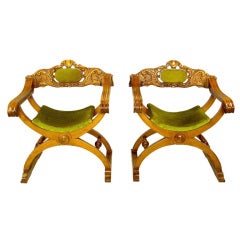 Pair Italian Curule Campaign Chairs In Wood & Chartreuse Velvet 6