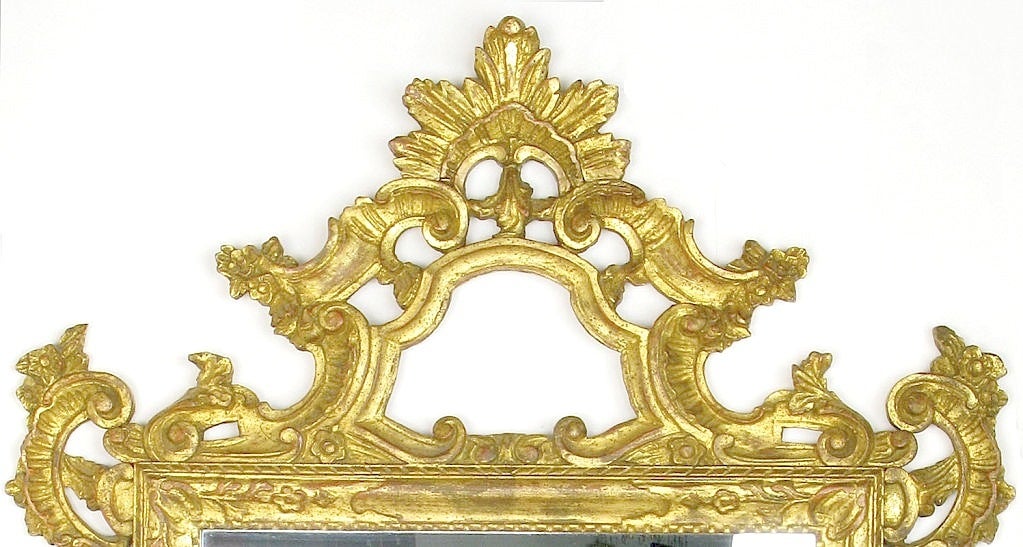 Exquisite Italian Rococo carved and giltwood wall mirror. Excellent size and detail, could be used in any number of applications from the foyer to the master bath to over the fireplace.