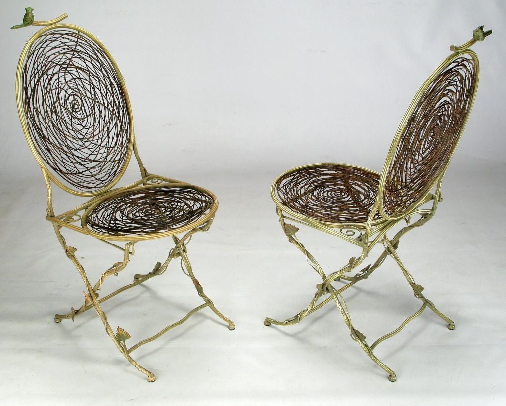 Set of four faux bois metal dining or side chairs with 