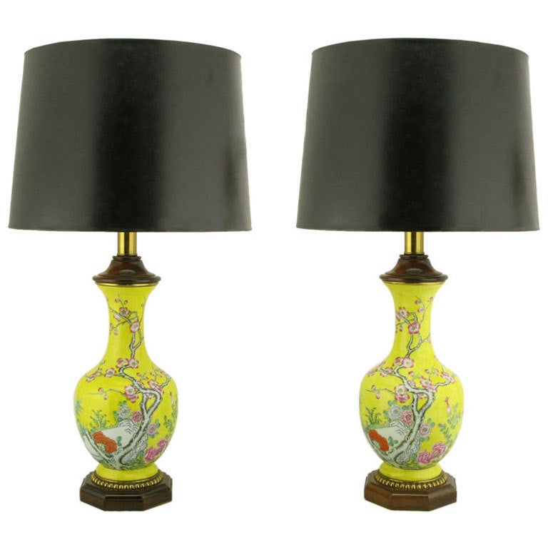 Pair Paul Hanson Yellow Asian Design Ceramic Table Lamps