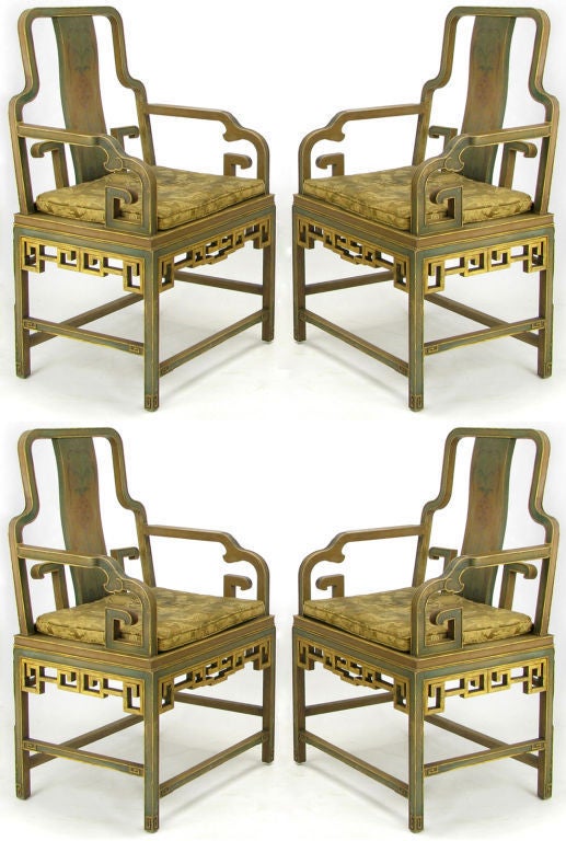 With excellent patina and carving, these four lacqured and gilt Chinese inspired armchairs were originally purchased at the Gump's department store, in San Francisco. Johan Tapp created furniture for Gumps during this period, but the maker is