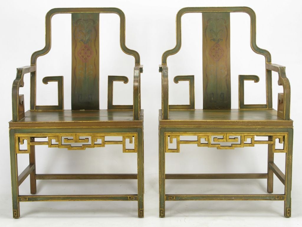 American Four Gump's 1940s Hand Painted Chinoiserie Arm Chairs