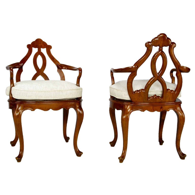 Mid-20th Century Pair of Italian Biedermeier Hand-Carved Fruitwood Armchairs For Sale