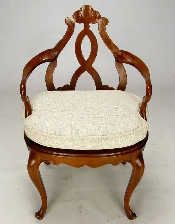 Mahogany Pair of Italian Biedermeier Hand-Carved Fruitwood Armchairs For Sale