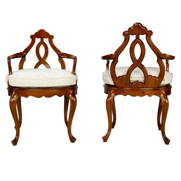 Pair of Italian Biedermeier Hand-Carved Fruitwood Armchairs For Sale