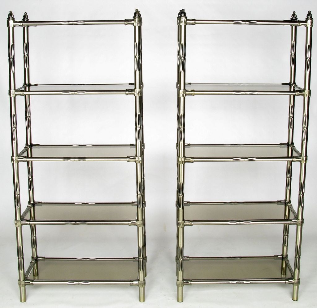 Pair Stylized Bamboo Etageres With Gunmetal Finish