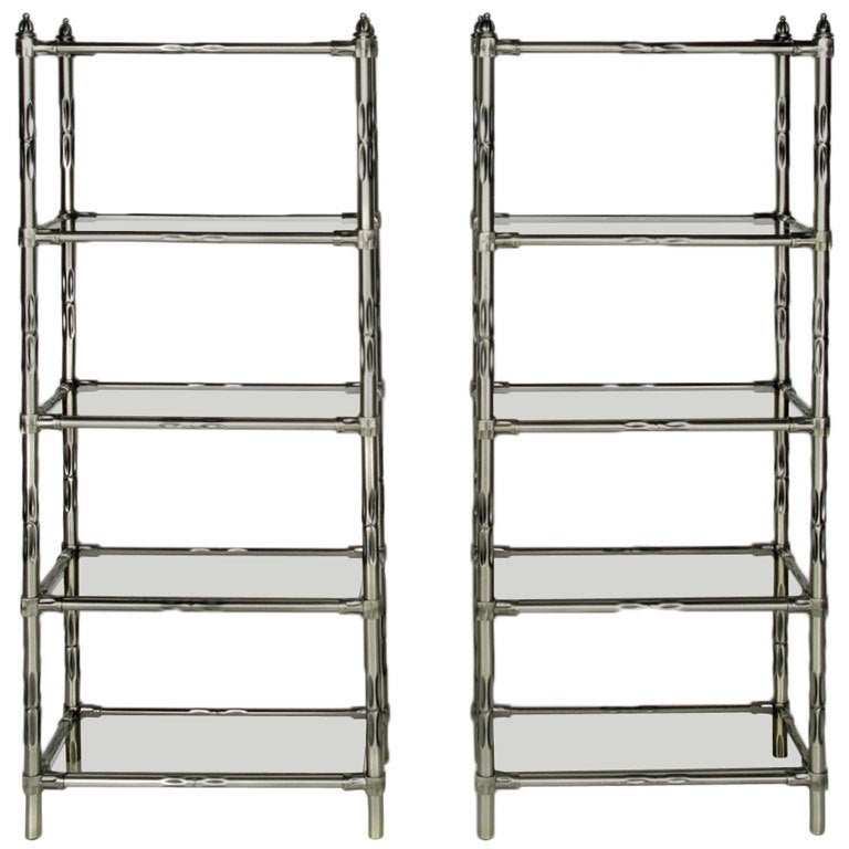 Pair Stylized Bamboo Etageres With Gunmetal Finish