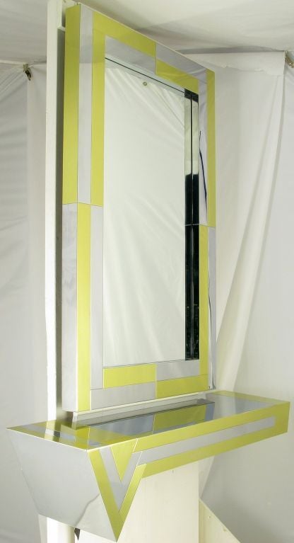 Modern wall mount console and mirror done in the signature patchwork brass and chrome style of Paul Evans's 