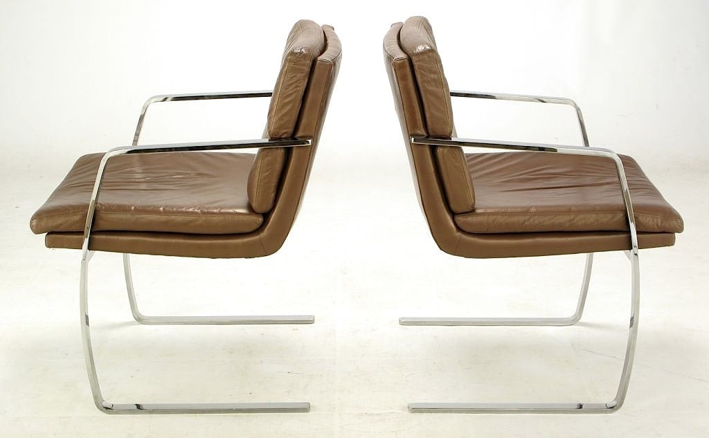 Late 20th Century Pair of Pace Chrome and Mocha Leather Cantilevered Armchairs For Sale