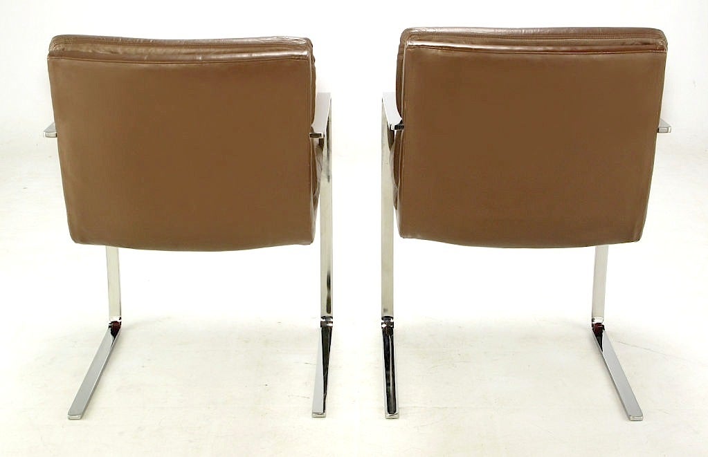 Pair of Pace Chrome and Mocha Leather Cantilevered Armchairs For Sale 1