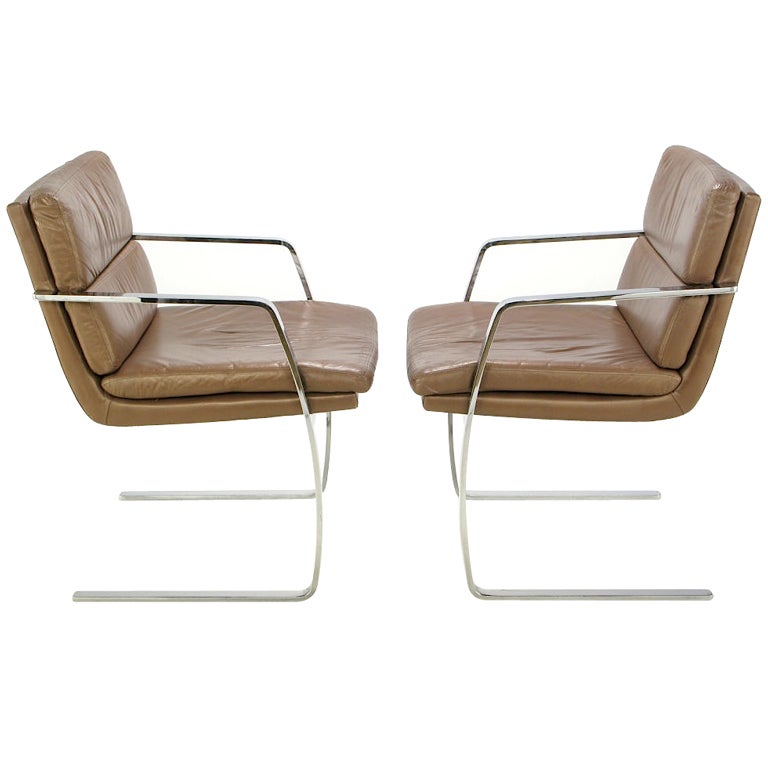 Pair of Pace Chrome and Mocha Leather Cantilevered Armchairs For Sale