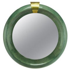 48" Round Blue-Green Goatskin Mirror With Brass Keystone Top