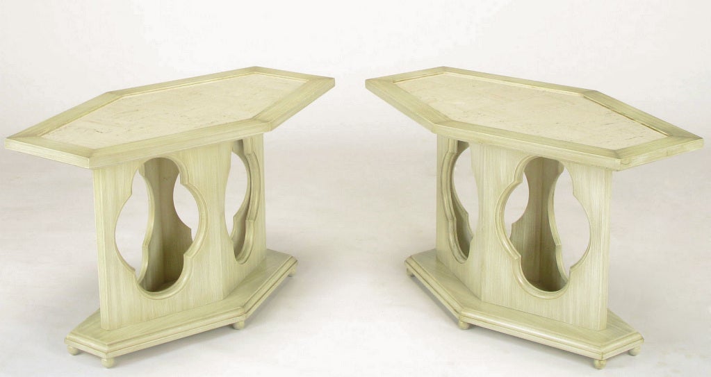 Pair Moorish Ivory Lacquer & Travertine Hexagonal Tables