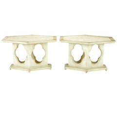 Pair Moorish Ivory Lacquer & Travertine Hexagonal Tables