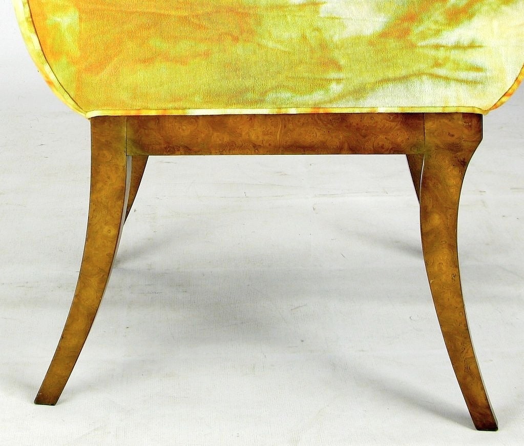 Wood Mastercraft Burl Arm Chairs With Colorful Tie-Dyed Velvet Fabric