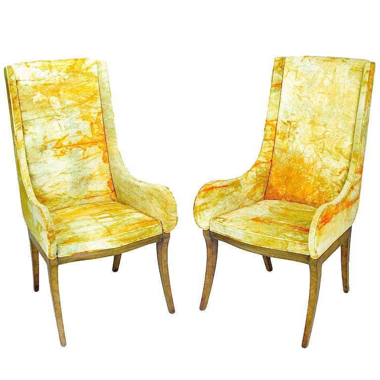 Mastercraft Burl Arm Chairs With Colorful Tie-Dyed Velvet Fabric