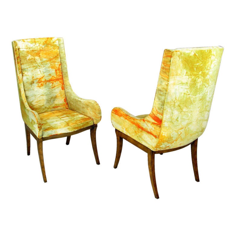 Mastercraft Burl Arm Chairs With Colorful Tie-Dyed Velvet Fabric 2