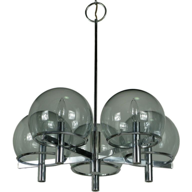 Gaetano Sciolari Chrome and Smoked Glass Five-Arm Chandelier For Sale