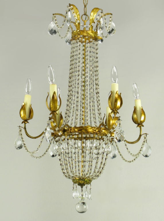 Italian Gilt, Tole and Crystal Six-Arm Basket Chandelier