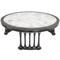 Table basse ronde à trois colonnes en marbre avec plateau en patchwork