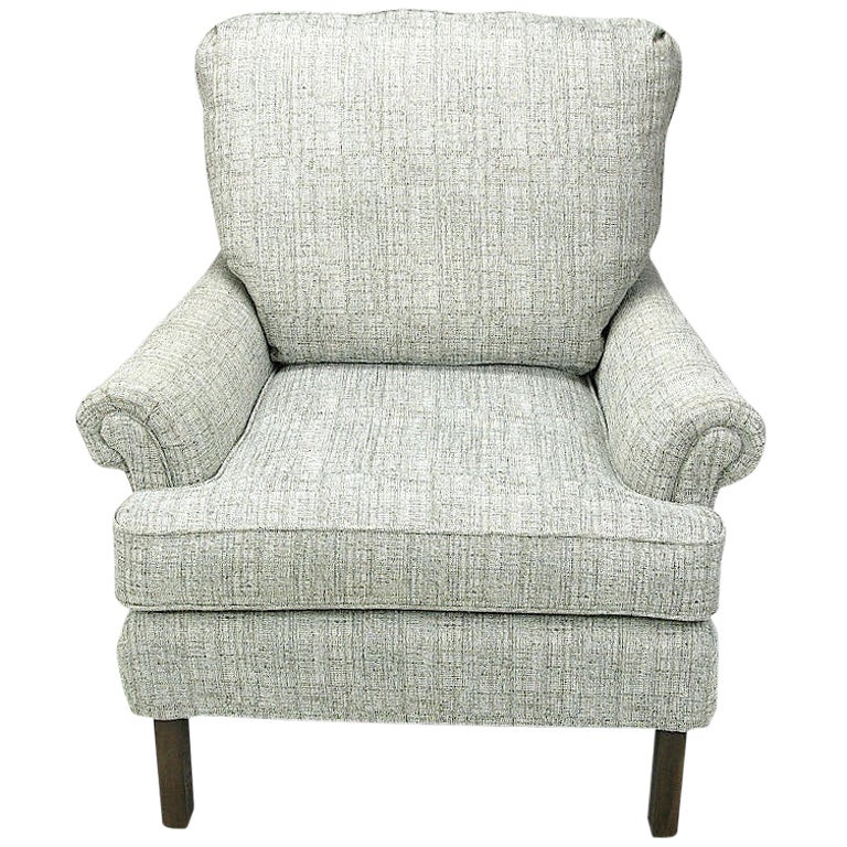 1950s Rolled Arm Lounge Chair In Heathered Dove Grey Linen For Sale