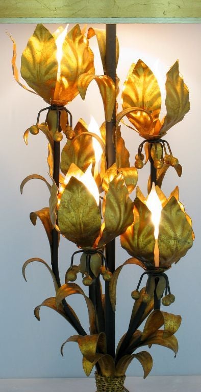 Mid-20th Century Large Gilt Metal Table Lamp with Foliate Detail For Sale