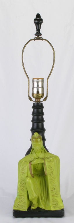 American Pair Chartreuse & Black Ceramic Asian Character Table Lamps