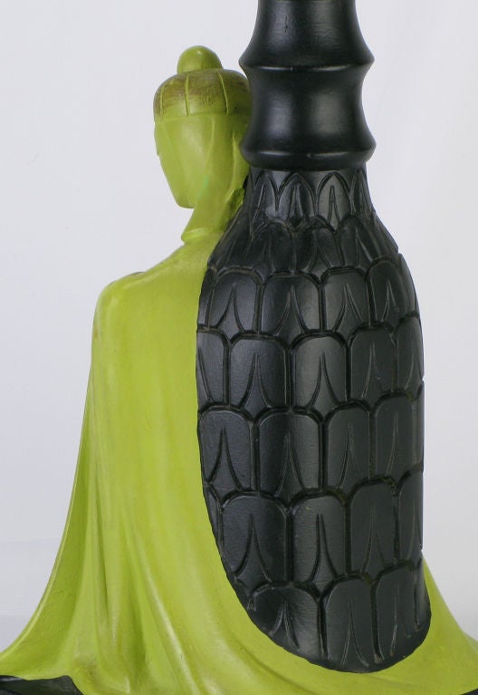 Pair Chartreuse & Black Ceramic Asian Character Table Lamps 2