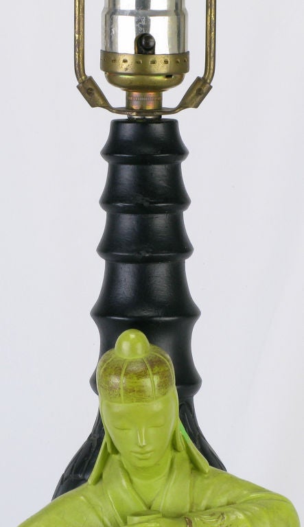 Pair Chartreuse & Black Ceramic Asian Character Table Lamps 4
