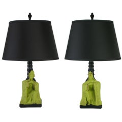 Pair Chartreuse & Black Ceramic Asian Character Table Lamps