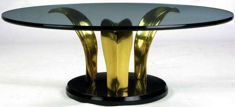 American Black Lacquer and Brass Palm Leaf Cocktail Table For Sale