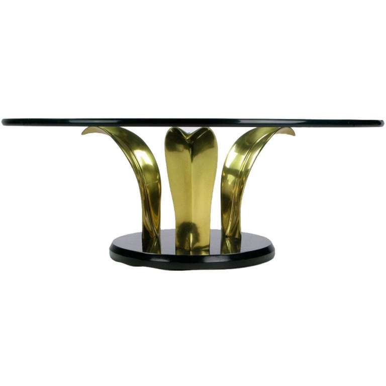 Late 20th Century Black Lacquer and Brass Palm Leaf Cocktail Table For Sale