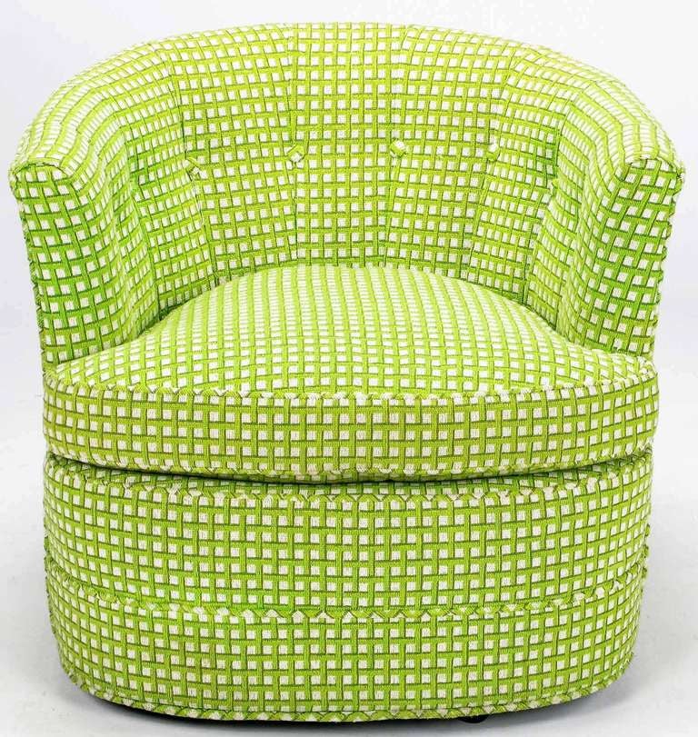 American Pair Barrel Back Swivel Chairs In Chartreuse Needlepoint