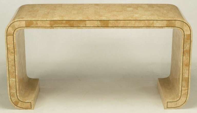 Maitland Smith Tessellated Coral Stone & Brass Inlay Console Table.